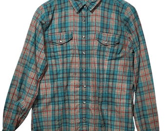 VTG Woolrich Womens Teal Red Plaid Western Pearl Snap Cotton Shirt Size L 90's