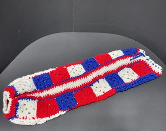 Handmade Crochet Plastic Bag Holder Red White Blue Granny Square Patriotic 23in