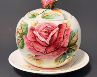 Vintage Lefton Red Rose Ceramic Jam Honey Pot with Underplate Japan Rosebud *
