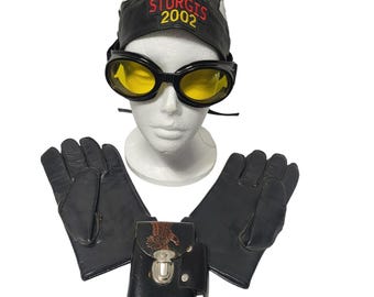 Sturgis 2002 Black Leather Flame Do-Rag Goggles Gloves Eagle Pouch Biker Set