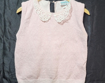 Vintage Coronet Club Pink Knit Sweater Vest Lace Peter Pan Collar Pearl Button L