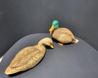 Vintage Style Mallard Drake and Hen Duck Decoy Figurine Set Brown Green 2pc