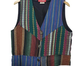 Ivy Wear Vintage Patchwork Vest Mens Large Multicolor Striped Boho Made in USA