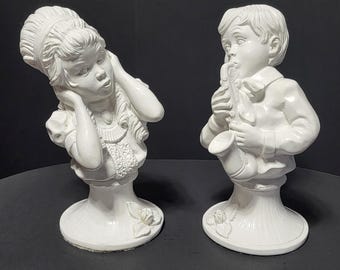 Vintage 1971 Universal Statuary Corp V Kendrick White Chalkware Busts Set of 2