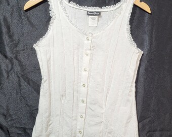 Present Tense Vintage White Lace Trim Button Front Tank Floral Jacquard Small