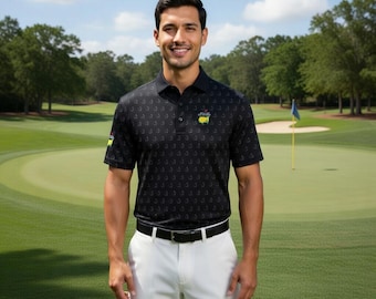 Męska czarna koszulka polo Masters Golf – nadrukowany wzór, luźny krój