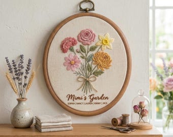 Personalized Embroidered Hoop Mimi’s Garden, Birth Month Flowers, Custom Kids Names, Mother’s Day Grandma Gift, Mom Grandmom Floral Keepsake