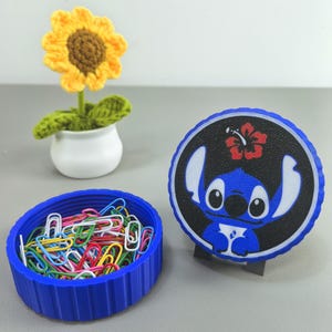 Cute Stitch round gift box with red flower lid, perfect for storing jewelry or candy, birthday gift for Stitch fans, kawaii blue Stitch decor.
