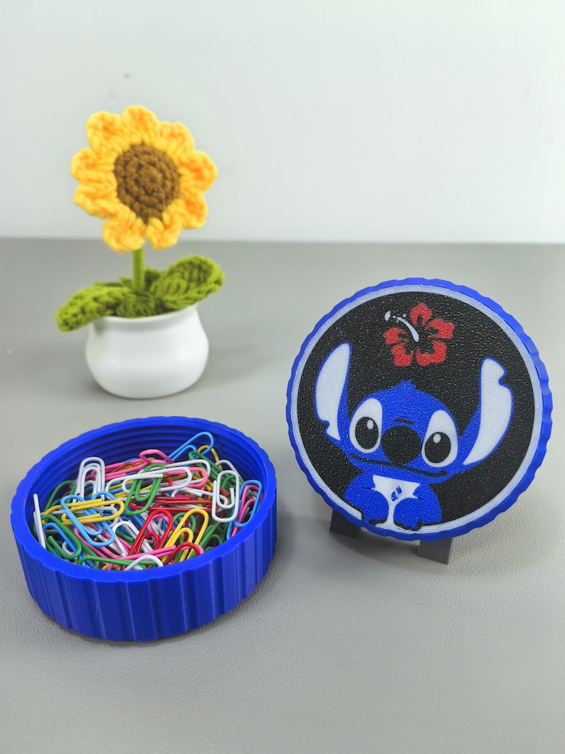 Cute Stitch round gift box with red flower lid, perfect for storing jewelry or candy, birthday gift for Stitch fans, kawaii blue Stitch decor.