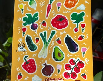 Farmers Market Vegetable Sticker Sheet - Waterproof Vinyl Vegetable Stickers Cute Food Decals for Water Bottle Laptop Journal Planners
