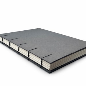 Könnte beinhalten: Ein graues, rechteckiges Notizbuch mit strukturiertem Einband und weißen Papierseiten. Die Bindung ist schwarz mit sichtbaren Nähten. Das Notizbuch liegt flach auf einer weißen Oberfläche.