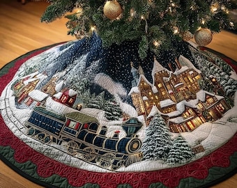 Weihnachtszug gesteppter Baum-Rock, Schneedorf-Winter-Rock, 3D gestickter Feiertags-Baum-Rock, Weinlese-Weihnachtsdekor, gesteppter Rock