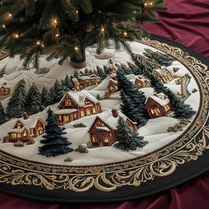 Winter Village Quilted Christmas Tree Skirt, Snowy Cabin Scene Skirt, Quilted Holiday Decor, Elegant Christmas Tree Skirt