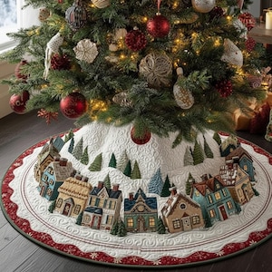 Cozy Village Quilted Christmas Tree Skirt, Winter Cabins Tree Skirt, Quilted Holiday Skirt, Snowy Houses Tree Skirt Decor, Quilted Skirt
