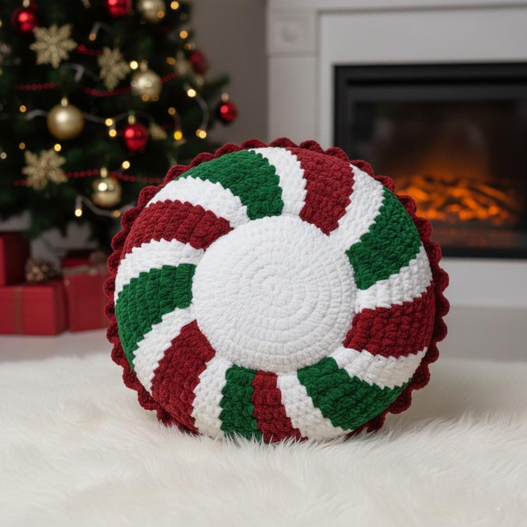 Peppermint Pillow Crochet Pattern, Round Christmas Cushion Pattern ...