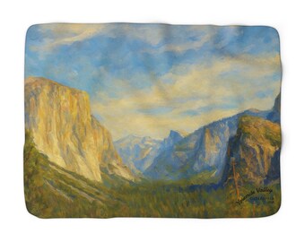 Yosemite Valley Landscape Painting Sherpa Blanket | Scenic Nature Cliff and Sky Throw