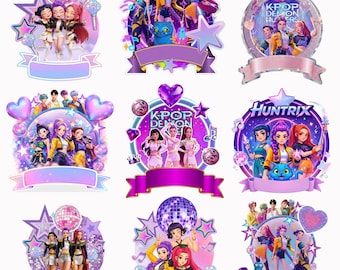 Pacchetto di decorazioni per torte a tema K-Pop Demon Hunters / 9 immagini PNG di Huntrix modificabili / Decorazioni per torte e cupcake di compleanno / Decorazioni per feste a tema K-Pop Demon Hunters