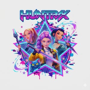 Könnte beinhalten: Digitale Illustration mit drei weiblichen Charakteren in futuristischem Stil, umgeben von Neonsternen und -spritzern. Das Wort "HUNTRAX" wird oben angezeigt. Eine Figur hält ein Schwert, eine andere einen Stab und die dritte eine Klinge.