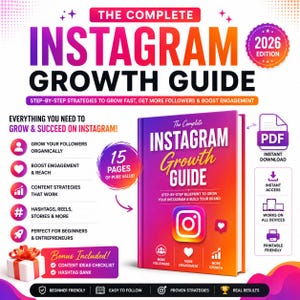 Puede incluir: Una guía digital titulada The Complete Instagram Growth Guide 2026 Edition, con una portada en degradado, el logo de Instagram, 15 páginas de contenido y una lista de verificación extra. La guía incluye estrategias para seguidores y alcance.