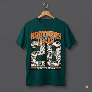 May include: Teal green t-shirt with the words "BROTHERS Screen Printing OSCAR" in orange. The number "28" is in the center, filled with various white and black text. The words "CREATIVE DESIGN" are at the bottom in orange.