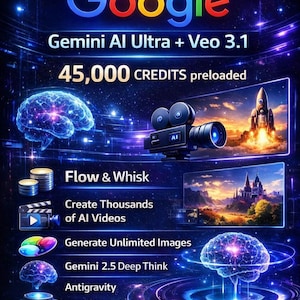 Op de afbeelding: Een digitale afbeelding met het Google-logo en tekst die "Gemini AI Ultra + Veo 3.1" promoot. Het benadrukt functies zoals AI-videomaken en het genereren van afbeeldingen, met "45.000 CREDITS preloaded". Het ontwerp heeft een futuristische uitstraling, met donkerblauwe en paarse kleuren.