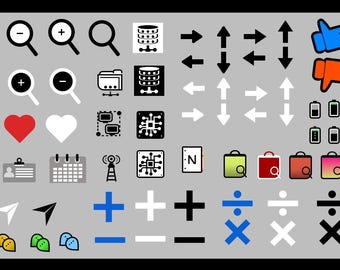 Op de afbeelding: Een verzameling diverse iconen in zwart, wit, rood, blauw, groen en geel. De iconen bevatten symbolen voor e-mail, huis, zoeken, harten, boodschappentassen, duim omhoog/omlaag, en meer. De iconen zijn gerangschikt op een grijze achtergrond.