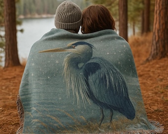 Blue Heron Cabin Blanket | Woven Wildlife Throw | Serene Nature Decor