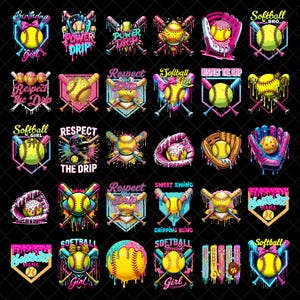 May include: A collection of colorful softball-themed graphics on a black background. Each design features a softball, bats, and text like "Softball Girl," "Respect the Drip," and "Power Drip," with vibrant pink, blue, and yellow accents.