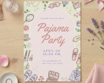Girls Pajama Party Invitation Template, Valentine Sleepover Invite (Canva Editable)