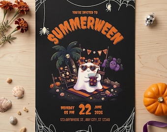 May include: Black invitation card with the text "SUMMERWEEN" and a cartoon ghost enjoying a drink on a beach. The card includes the date, time, and address. Decorative elements include spiderwebs, a pumpkin, and flowers.