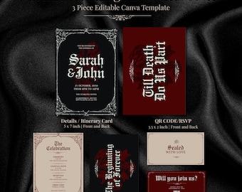 May include: A 3-piece editable wedding invitation suite template featuring gothic typography and floral motifs. Includes a black invitation, a dark red card with the text Till Death Do Us Part, and a beige itinerary card with ornate borders.