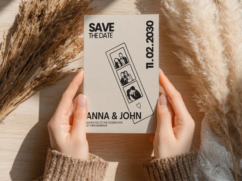 A beige Save the Date card held by hands, featuring black text and a photo strip with three images. The card reads "SAVE THE DATE," "ANNA & JOHN," and "11.02.2030." The card also includes the text "invites you to the celebration of their marriage."