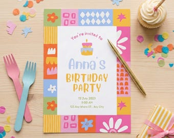 Colorful Birthday Invitation, Kids Party Template, Modern Rainbow Printable (Canva Template)