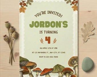 Fungi Birthday Invite, Editable Canva Invitation, Forest Theme Party Card, Printable Digital Download