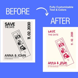 A before-and-after comparison of wedding invitation designs. The "before" design is black and white, while the "after" design is red. Both feature a photo strip with three images, the text "SAVE THE DATE", and the names "ANNA & JOHN".