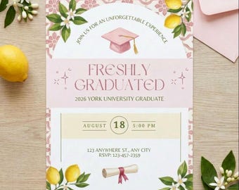 Freshly Graduated Citrus Party Invitation, Class of 2026, Editable Canva Template (Digital Download)
