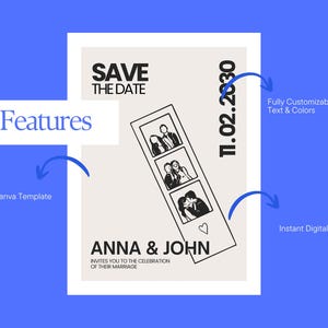 A wedding announcement design with a photo strip of three images. The text reads "SAVE THE DATE" and "ANNA & JOHN" with the date "11.02.2030". Features include an editable Canva template, customizable text and colors, and instant digital access.