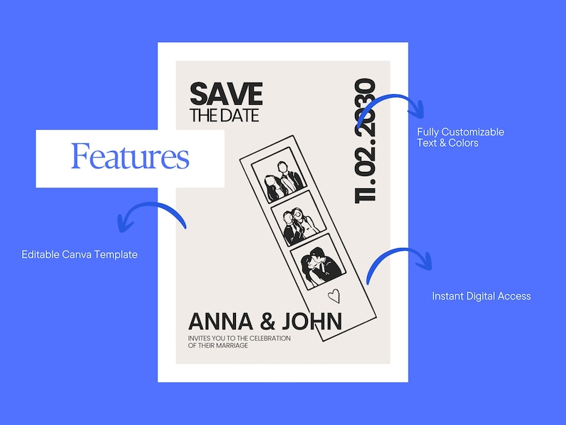 A wedding announcement design with a photo strip of three images. The text reads "SAVE THE DATE" and "ANNA & JOHN" with the date "11.02.2030". Features include an editable Canva template, customizable text and colors, and instant digital access.