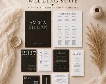 May include: A nine-piece wedding stationery suite featuring black and white cards with serif typography. Includes a welcome sign, seating chart, menu, RSVP card with QR code, details card, and table number, all displayed on a neutral textured surface.