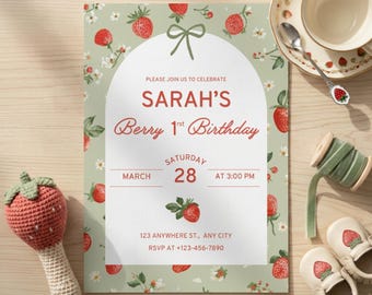 Berry First Birthday Invitation, Editable Invite, Printable Strawberry, White Daisies Template, Canva, Instant Download