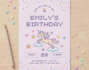 Unicorn Birthday Invitation, Pastel Rainbow, Whimsical Fairytale, Pixelated (Canva Template)