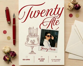Chic Twenty-Eight Birthday Photo Invitation, Minimalist Red Script (Digital Download)
