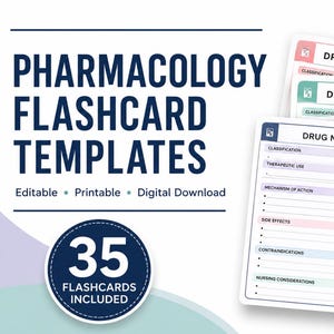 Pode incluir: Um conjunto de modelos de flashcards de farmacologia com o texto PHARMACOLOGY FLASHCARD TEMPLATES, Editable, Printable, Digital Download e 35 FLASHCARDS INCLUDED. Os cartões possuem seções para nome do fármaco e classificação.