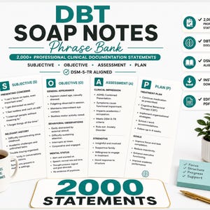 Könnte beinhalten: Eine digitale Ressource mit dem Titel DBT SOAP NOTES Phrase Bank mit über 2.000 professionellen klinischen Dokumentationsaussagen. Das Dokument ist in die Abschnitte Subjective, Objective, Assessment und Plan unterteilt, DSM-5-TR-konform und enthält ein bearbeitbares PDF.