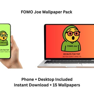Puede incluir: Un teléfono y un portátil muestran un personaje de dibujos animados con gafas y una sudadera con capucha verde. La pantalla del teléfono es de color verde lima y la pantalla del portátil es naranja. El texto en el teléfono y el portátil dice "HE BUYS THE TOP SO YOU DON'T HAVE TO".