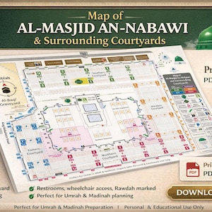 May include: A detailed map of Al-Masjid An-Nabawi and surrounding courtyards, with clear colour-coding and marked facilities. The print-ready PDF and JPG/PNG map includes the Qiblah direction and is designed for Umrah and Madinah planning.