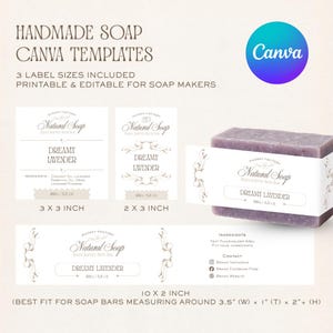May include: A Canva template for handmade soap labels, featuring three sizes: 3x3 inches, 2x3 inches, and 10x2 inches. The printable and editable labels have a lavender theme, with the text "Dreamy Lavender". The labels are designed for soap makers.