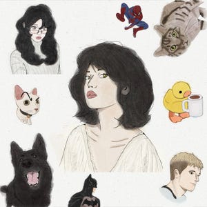 以下が含まれることがあります： 手描きのイラスト。黒髪の女性が、スパイダーマン、バットマン、猫、犬、マグカップを持ったアヒルのような漫画のキャラクターに囲まれています。このアートワークは、柔らかい色を使用しています。