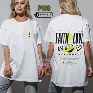 Può includere: T-shirt bianco con grafica sul davanti e sul retro. Il davanti presenta una croce e la scritta "JESUS SAVES". Il retro mostra "FAITH & LOVE WORLDWIDE" con un globo, un cuore e una corona.