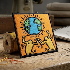 May include: Embroidered patch featuring a vibrant design of the Earth surrounded by a sun and two yellow figures holding hands. The patch has a black border and is set against an orange background. The patch is on a wooden surface with sewing supplies.